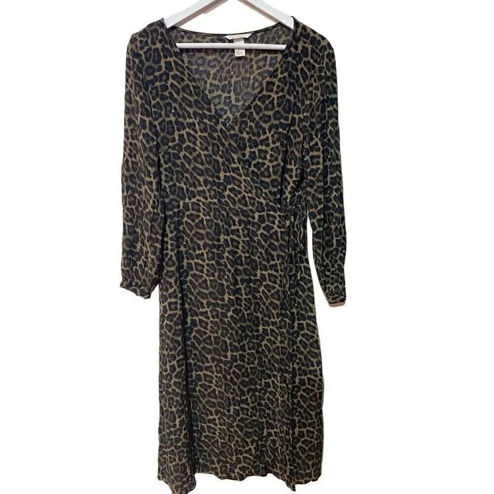 H&M size 12 wrap around leopard print dress mid length long sleeve